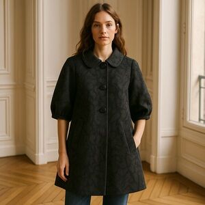 Zara - Jacquard Coat with Peter Pan Collar and 3/4 Sleeves - Black